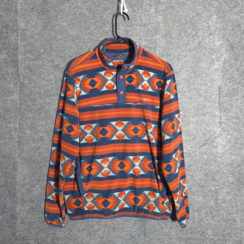 Eddie Bauer Fleece Pullover Mens M Orange Blue Southwestern Snap Mock Neck 16049